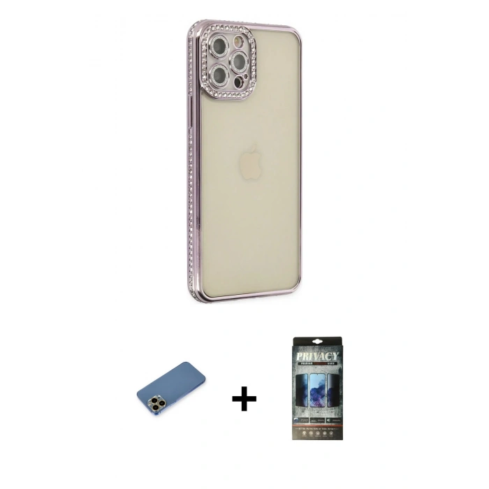 MARSİLYAN™- iPhone 12 Pro Kılıf Yörünge Koleksiyonu - Siyah 34D Hayalet Izgaralı Cam + Shine Kamera Lens Koruma Cam - GD