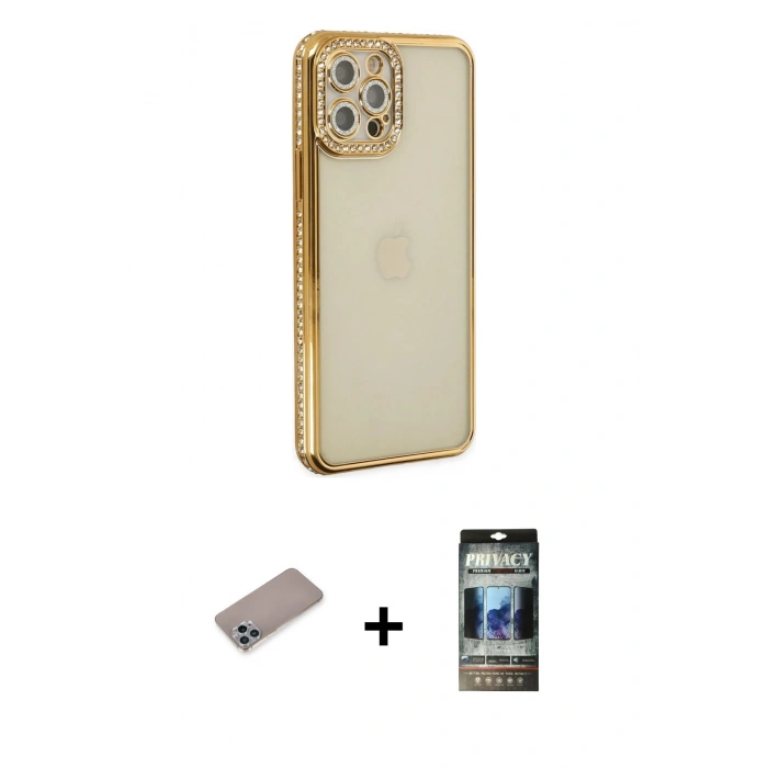 MARSİLYAN™- iPhone 12 Pro Kılıf Yörünge Koleksiyonu - Siyah 34D Hayalet Izgaralı Cam + Shine Kamera Lens Koruma Cam - SABE