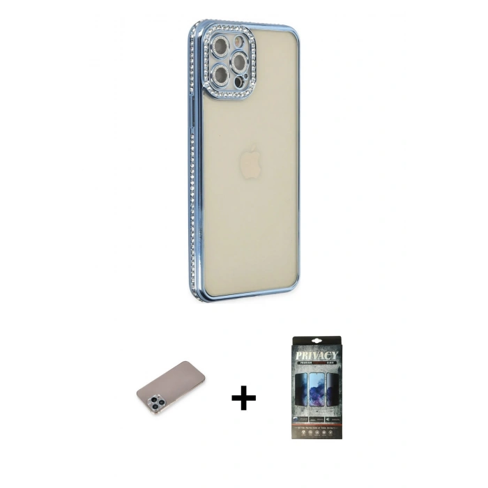 MARSİLYAN™- iPhone 12 Pro Kılıf Yörünge Koleksiyonu - Siyah 34D Hayalet Izgaralı Cam + Shine Kamera Lens Koruma Cam - SABE