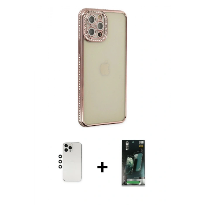 MARSİLYAN™- iPhone 12 Pro Kılıf Yörünge Koleksiyonu - Siyah 360 Mat Full Body Arka Koruyucu + Shine Kamera Lens - GS