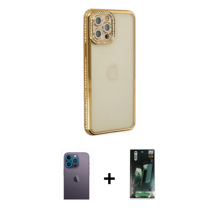 MARSİLYAN™- iPhone 12 Pro Kılıf Yörünge Koleksiyonu - Siyah 360 Mat Full Body Arka Koruyucu + Neon Fosforlu Kamera Lens - MI