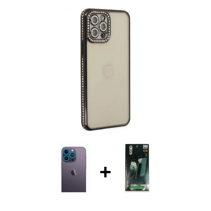 MARSİLYAN™- iPhone 12 Pro Kılıf Yörünge Koleksiyonu - Siyah 360 Mat Full Body Arka Koruyucu + Neon Fosforlu Kamera Lens - MI