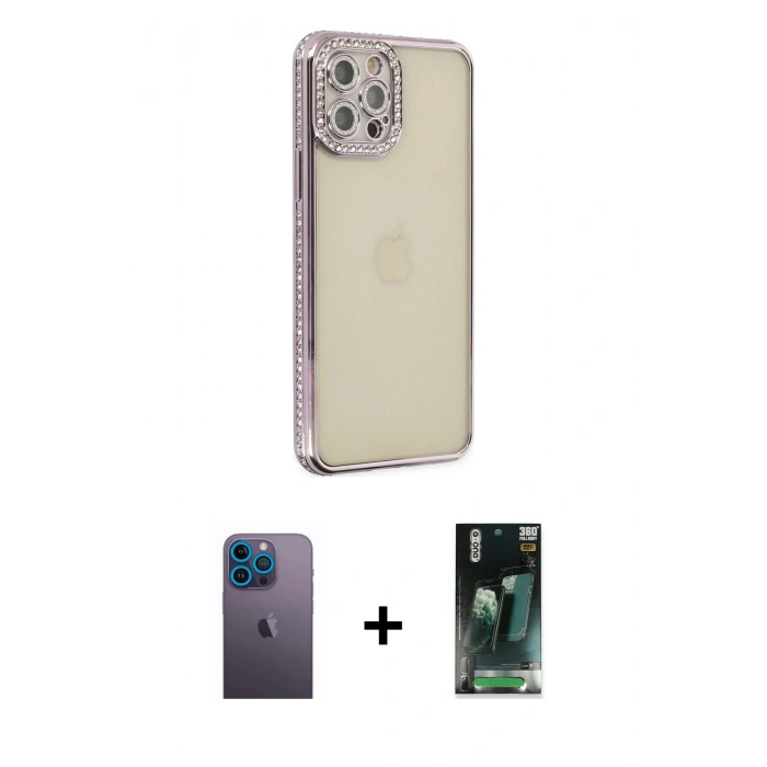MARSİLYAN™- iPhone 12 Pro Kılıf Yörünge Koleksiyonu - Siyah 360 Mat Full Body Arka Koruyucu + Neon Fosforlu Kamera Lens - MI
