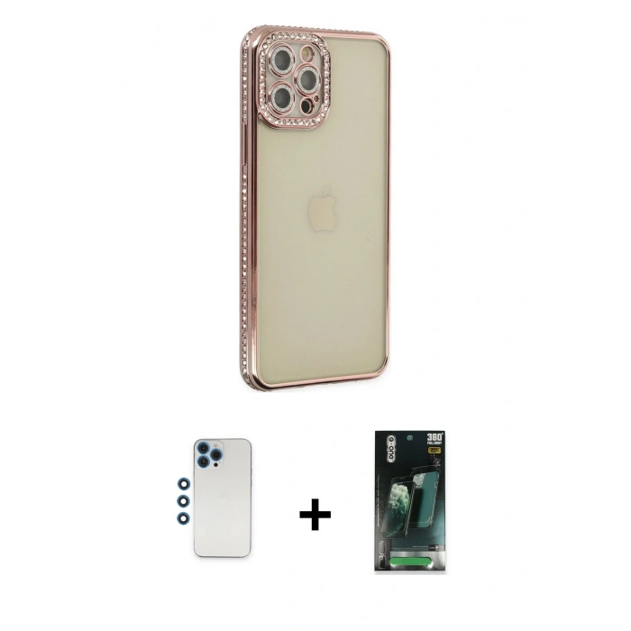 MARSİLYAN™- iPhone 12 Pro Kılıf Yörünge Koleksiyonu - Siyah 360 Mat Full Body Arka Koruyucu + Shine Kamera Lens - MI