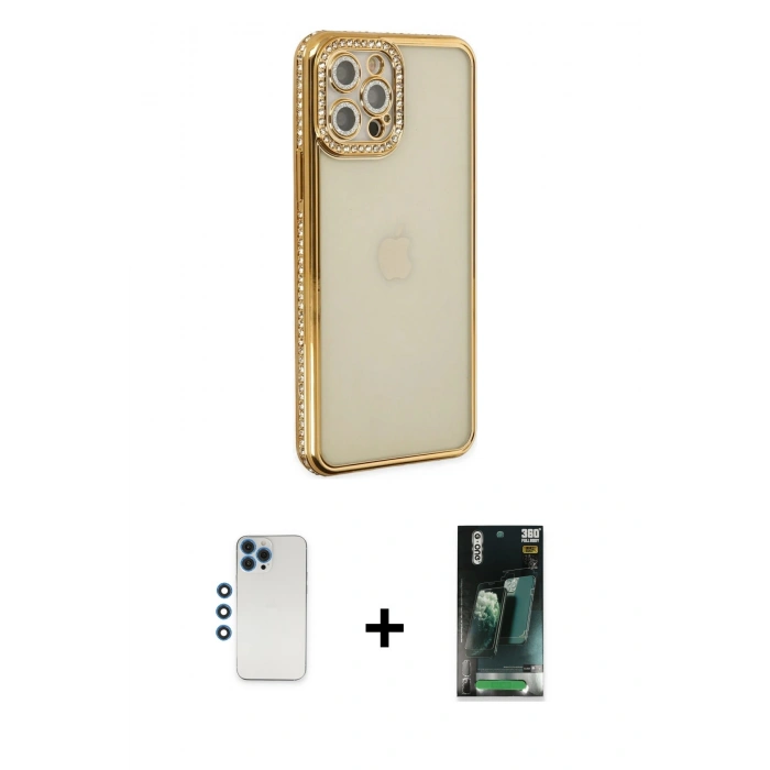 MARSİLYAN™- iPhone 12 Pro Kılıf Yörünge Koleksiyonu - Siyah 360 Mat Full Body Arka Koruyucu + Shine Kamera Lens - MI