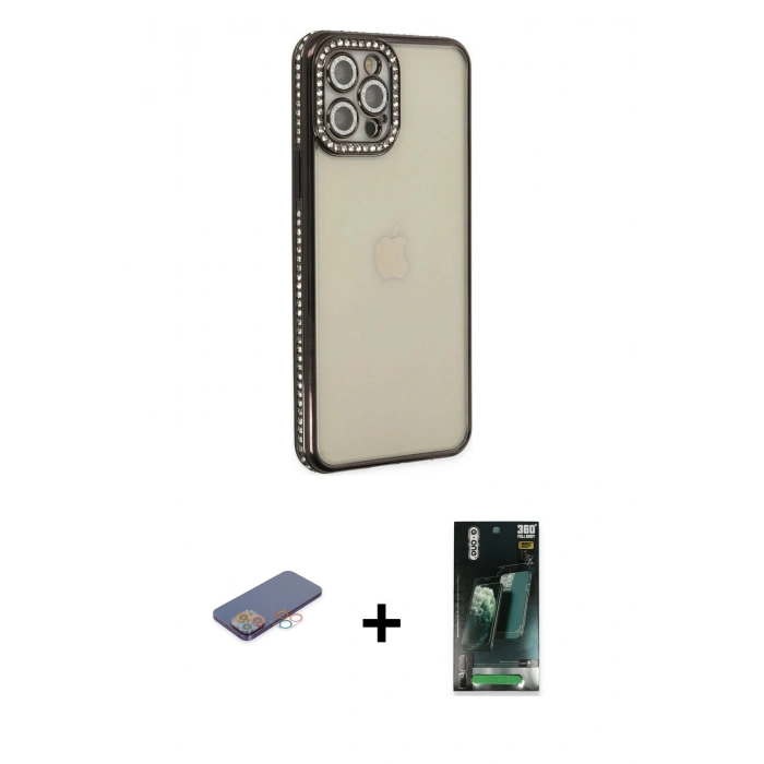 MARSİLYAN™- iPhone 12 Pro Kılıf Yörünge Koleksiyonu - Siyah 360 Mat Full Body Arka Koruyucu + Renkli Kamera Lens Koruma Cam - PE