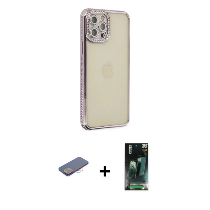 MARSİLYAN™- iPhone 12 Pro Kılıf Yörünge Koleksiyonu - Siyah 360 Mat Full Body Arka Koruyucu + Renkli Kamera Lens Koruma Cam - PE