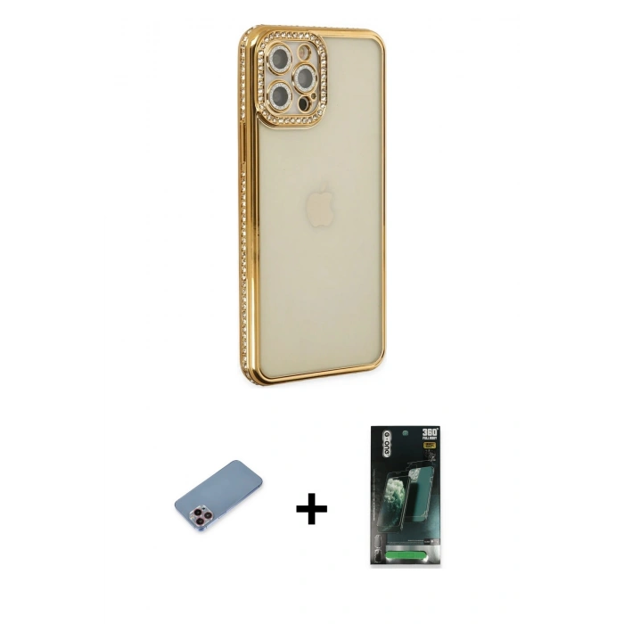 MARSİLYAN™- iPhone 12 Pro Kılıf Yörünge Koleksiyonu - Siyah 360 Mat Full Body Arka Koruyucu + Shine Kamera Lens Koruma Cam - PE