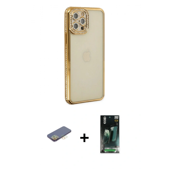 MARSİLYAN™- iPhone 12 Pro Kılıf Yörünge Koleksiyonu - Siyah 360 Mat Full Body Arka Koruyucu + Renkli Kamera Lens Koruma Cam - SI