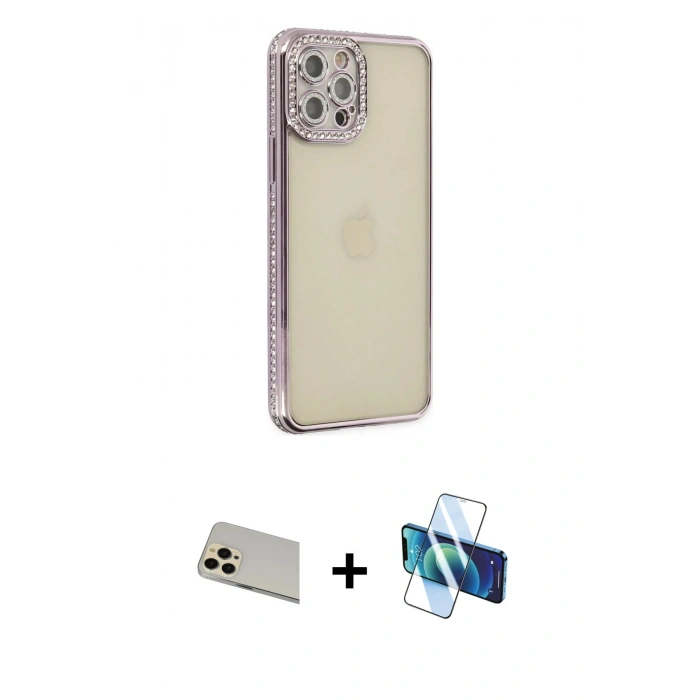 MARSİLYAN™- iPhone 12 Pro Kılıf Yörünge Koleksiyonu - Siyah 3D Antistatik Cam Ekran Koruyucu + Rainbow Kamera Lens Koruma Cam - GD