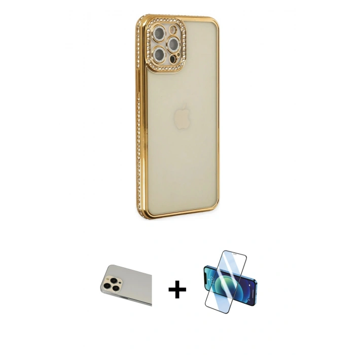 MARSİLYAN™- iPhone 12 Pro Kılıf Yörünge Koleksiyonu - Siyah 3D Antistatik Cam Ekran Koruyucu + Rainbow Kamera Lens Koruma Cam - GD