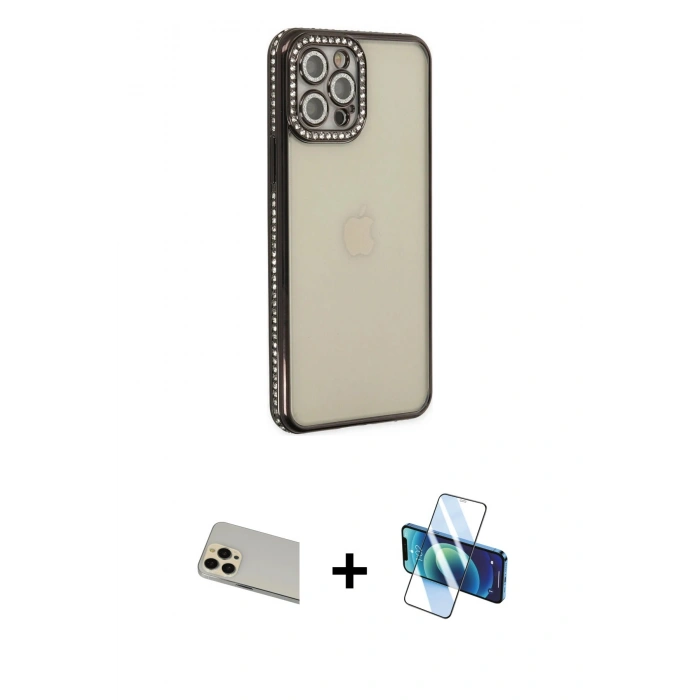 MARSİLYAN™- iPhone 12 Pro Kılıf Yörünge Koleksiyonu - Siyah 3D Antistatik Cam Ekran Koruyucu + Rainbow Kamera Lens Koruma Cam - GD