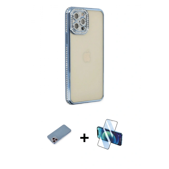 MARSİLYAN™- iPhone 12 Pro Kılıf Yörünge Koleksiyonu - Siyah 3D Antistatik Cam Ekran Koruyucu + Shine Kamera Lens Koruma Cam - PE
