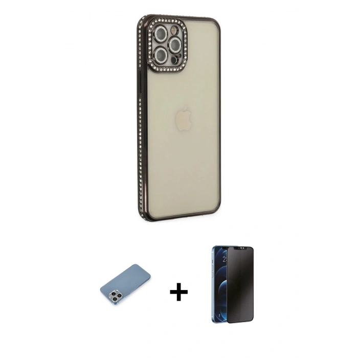 MARSİLYAN™- iPhone 12 Pro Kılıf Yörünge Koleksiyonu - Siyah 3D Antistatik Hayalet Cam Ekran Koruyucu + Shine Kamera Lens Koruma Cam - GS