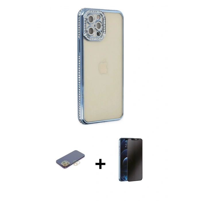 MARSİLYAN™- iPhone 12 Pro Kılıf Yörünge Koleksiyonu - Siyah 3D Antistatik Hayalet Cam Ekran Koruyucu + Renkli Kamera Lens Koruma Cam - SI