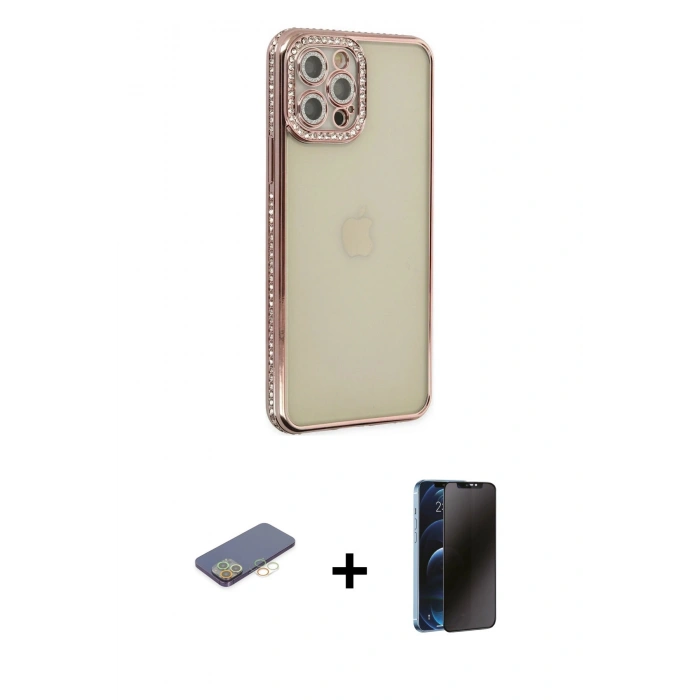MARSİLYAN™- iPhone 12 Pro Kılıf Yörünge Koleksiyonu - Siyah 3D Antistatik Hayalet Cam Ekran Koruyucu + Renkli Kamera Lens Koruma Cam - SI