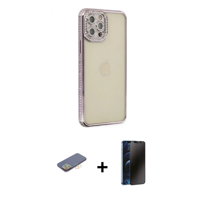 MARSİLYAN™- iPhone 12 Pro Kılıf Yörünge Koleksiyonu - Siyah 3D Antistatik Hayalet Cam Ekran Koruyucu + Renkli Kamera Lens Koruma Cam - SI