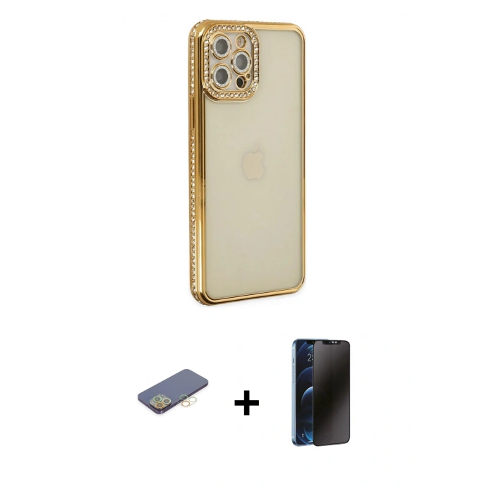 MARSİLYAN™- iPhone 12 Pro Kılıf Yörünge Koleksiyonu - Siyah 3D Antistatik Hayalet Cam Ekran Koruyucu + Renkli Kamera Lens Koruma Cam - SI