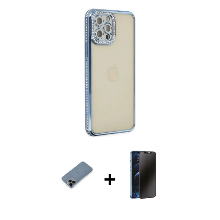 MARSİLYAN™- iPhone 12 Pro Kılıf Yörünge Koleksiyonu - Siyah 3D Antistatik Hayalet Cam Ekran Koruyucu + Shine Kamera Lens Koruma Cam - SH