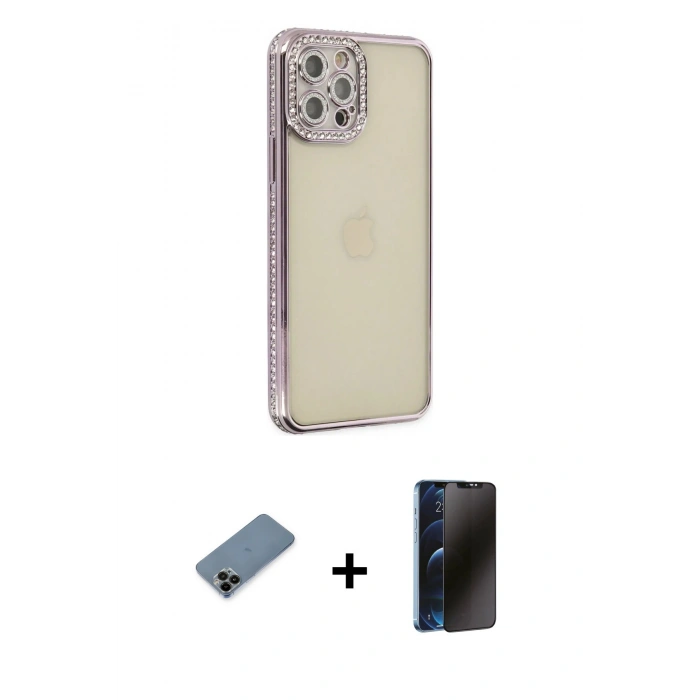 MARSİLYAN™- iPhone 12 Pro Kılıf Yörünge Koleksiyonu - Siyah 3D Antistatik Hayalet Cam Ekran Koruyucu + Shine Kamera Lens Koruma Cam - SH