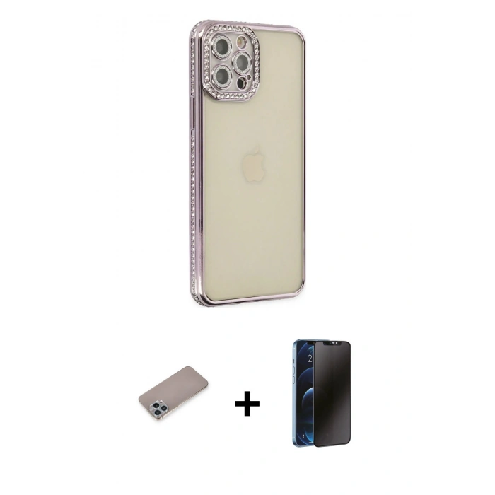 MARSİLYAN™- iPhone 12 Pro Kılıf Yörünge Koleksiyonu - Siyah 3D Antistatik Hayalet Cam Ekran Koruyucu + Shine Kamera Lens Koruma Cam - SABE