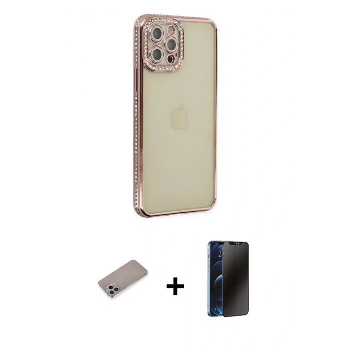 MARSİLYAN™- iPhone 12 Pro Kılıf Yörünge Koleksiyonu - Siyah 3D Antistatik Hayalet Cam Ekran Koruyucu + Shine Kamera Lens Koruma Cam - SABE