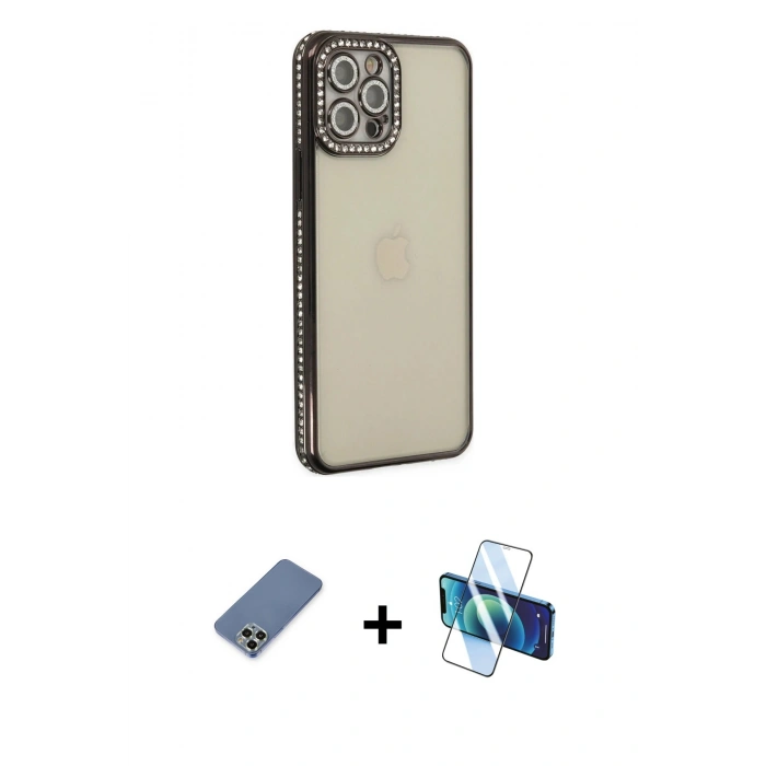 MARSİLYAN™- iPhone 12 Pro Kılıf Yörünge Koleksiyonu - Siyah 3D Antistatik Seramik Nano Ekran Koruyucu + Metal Kamera Lens Koruma Cam - AKYL