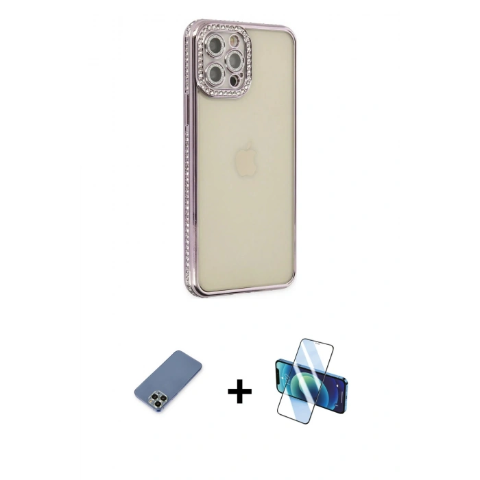 MARSİLYAN™- iPhone 12 Pro Kılıf Yörünge Koleksiyonu - Siyah 3D Antistatik Seramik Nano Ekran Koruyucu + Metal Kamera Lens Koruma Cam - AKYL