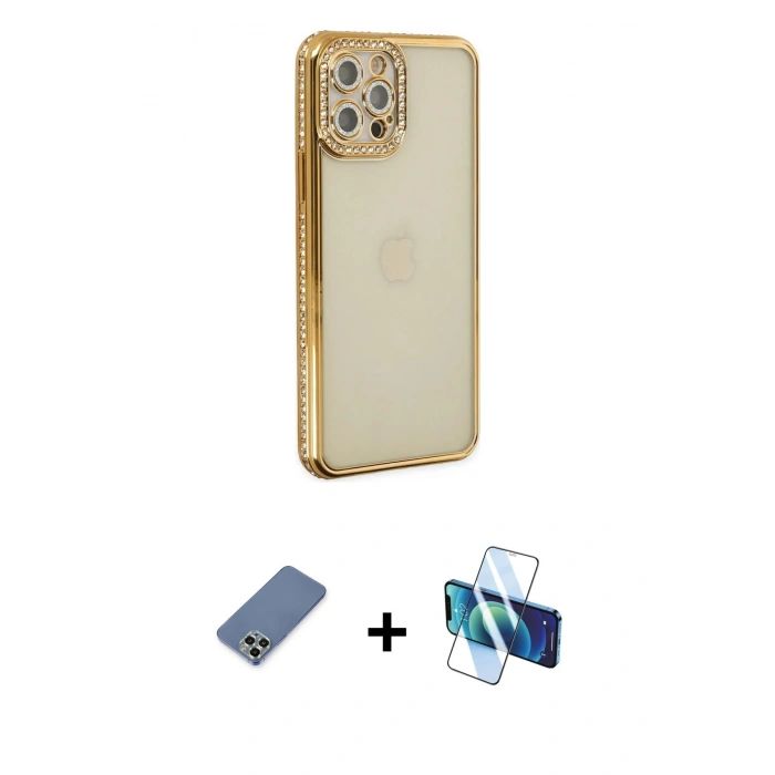 MARSİLYAN™- iPhone 12 Pro Kılıf Yörünge Koleksiyonu - Siyah 3D Antistatik Seramik Nano Ekran Koruyucu + Metal Kamera Lens Koruma Cam - AKYL