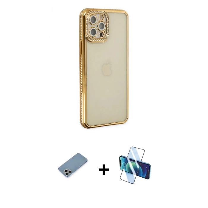 MARSİLYAN™- iPhone 12 Pro Kılıf Yörünge Koleksiyonu - Siyah 3D Antistatik Seramik Nano Ekran Koruyucu + Shine Kamera Lens Koruma Cam - GI