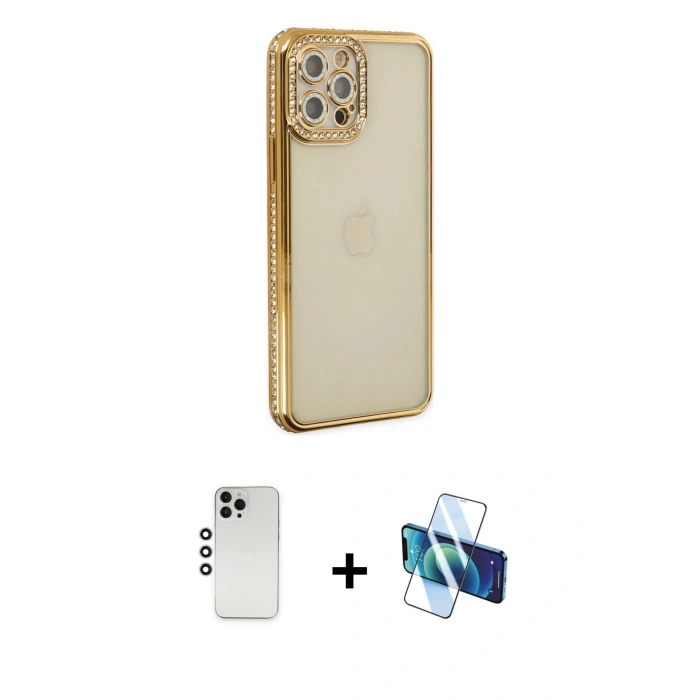 MARSİLYAN™- iPhone 12 Pro Kılıf Yörünge Koleksiyonu - Siyah 3D Antistatik Seramik Nano Ekran Koruyucu + Shine Kamera Lens - GS