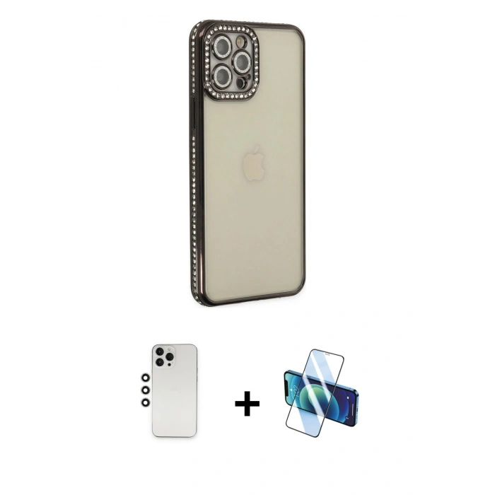 MARSİLYAN™- iPhone 12 Pro Kılıf Yörünge Koleksiyonu - Siyah 3D Antistatik Seramik Nano Ekran Koruyucu + Shine Kamera Lens - GS