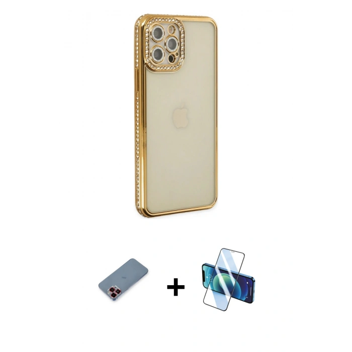 MARSİLYAN™- iPhone 12 Pro Kılıf Yörünge Koleksiyonu - Siyah 3D Antistatik Seramik Nano Ekran Koruyucu + Metal Kamera Lens Koruma Cam - KI