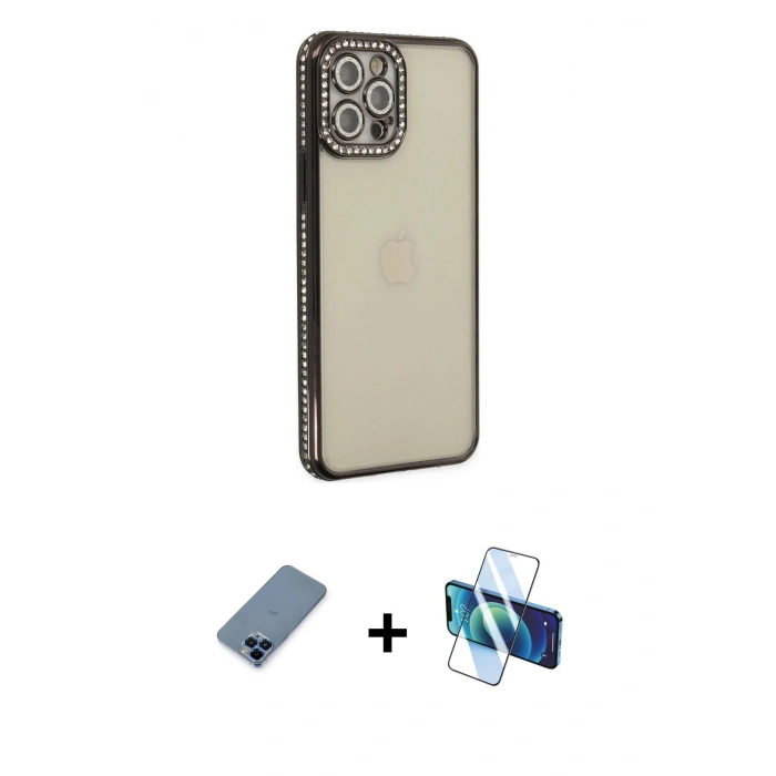 MARSİLYAN™- iPhone 12 Pro Kılıf Yörünge Koleksiyonu - Siyah 3D Antistatik Seramik Nano Ekran Koruyucu + Metal Kamera Lens Koruma Cam - MI