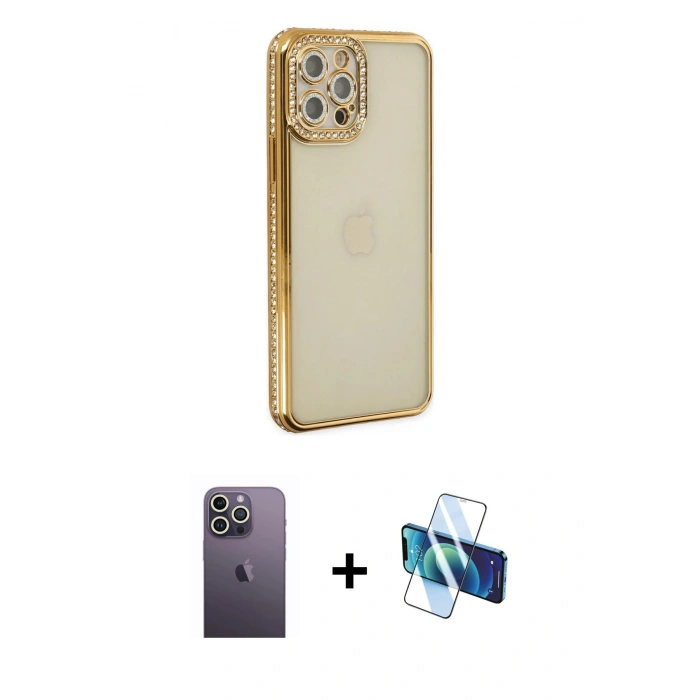 MARSİLYAN™- iPhone 12 Pro Kılıf Yörünge Koleksiyonu - Siyah 3D Antistatik Seramik Nano Ekran Koruyucu + Neon Fosforlu Kamera Lens - BZ