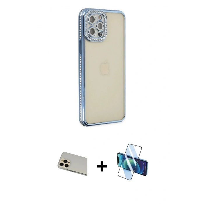 MARSİLYAN™- iPhone 12 Pro Kılıf Yörünge Koleksiyonu - Siyah 3D Antistatik Seramik Nano Ekran Koruyucu + Rainbow Kamera Lens Koruma Cam - GD