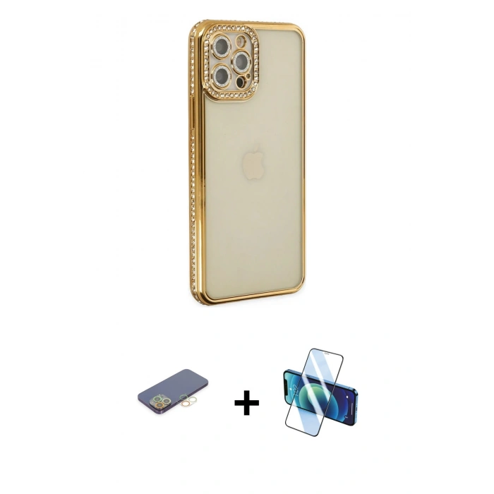 MARSİLYAN™- iPhone 12 Pro Kılıf Yörünge Koleksiyonu - Siyah 3D Antistatik Seramik Nano Ekran Koruyucu + Renkli Kamera Lens Koruma Cam - SI