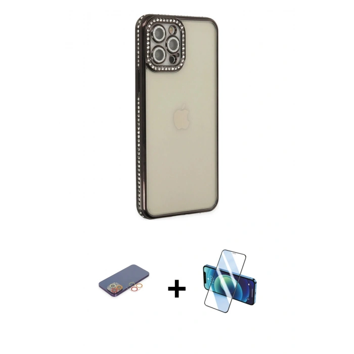 MARSİLYAN™- iPhone 12 Pro Kılıf Yörünge Koleksiyonu - Siyah 3D Antistatik Seramik Nano Ekran Koruyucu + Renkli Kamera Lens Koruma Cam - TU