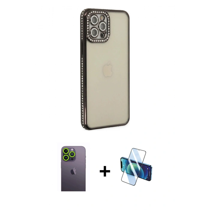 MARSİLYAN™- iPhone 12 Pro Kılıf Yörünge Koleksiyonu - Siyah 3D Antistatik Seramik Nano Ekran Koruyucu + Neon Fosforlu Kamera Lens - YL