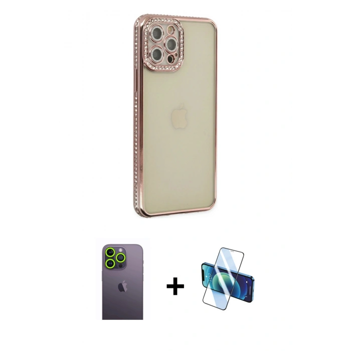 MARSİLYAN™- iPhone 12 Pro Kılıf Yörünge Koleksiyonu - Siyah 3D Antistatik Seramik Nano Ekran Koruyucu + Neon Fosforlu Kamera Lens - YL