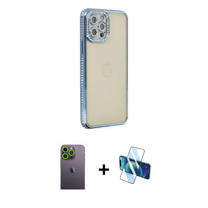 MARSİLYAN™- iPhone 12 Pro Kılıf Yörünge Koleksiyonu - Siyah 3D Antistatik Seramik Nano Ekran Koruyucu + Neon Fosforlu Kamera Lens - YL