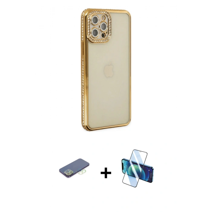 MARSİLYAN™- iPhone 12 Pro Kılıf Yörünge Koleksiyonu - Siyah 3D Antistatik Seramik Nano Ekran Koruyucu + Renkli Kamera Lens Koruma Cam - YL