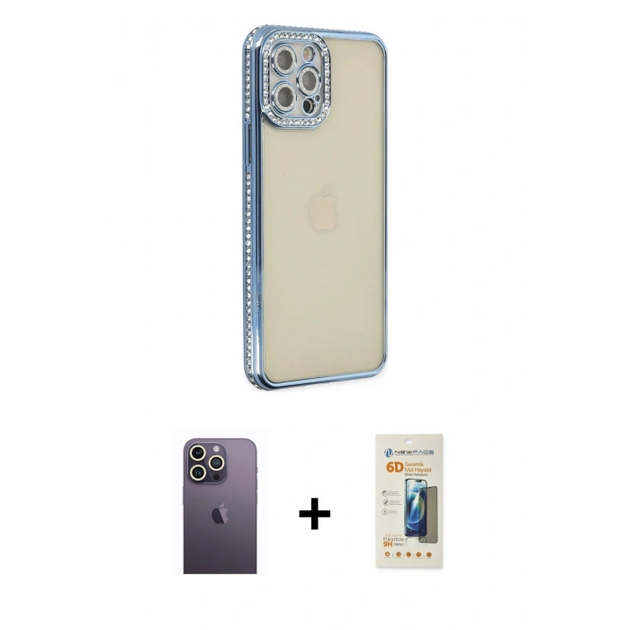 MARSİLYAN™- iPhone 12 Pro Kılıf Yörünge Koleksiyonu - Siyah 6D Mat Seramik Hayalet Nano Ekran Koruyucu + Neon Fosforlu Kamera Lens - BZ