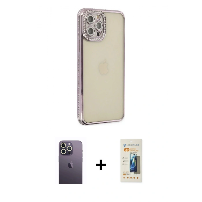 MARSİLYAN™- iPhone 12 Pro Kılıf Yörünge Koleksiyonu - Siyah 6D Mat Seramik Hayalet Nano Ekran Koruyucu + Neon Fosforlu Kamera Lens - BZ