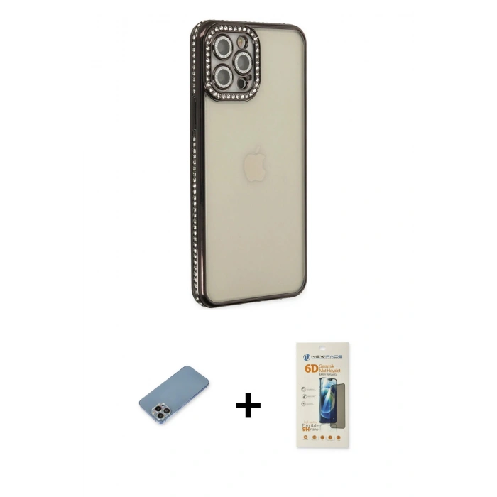 MARSİLYAN™- iPhone 12 Pro Kılıf Yörünge Koleksiyonu - Siyah 6D Mat Seramik Hayalet Nano Ekran Koruyucu + Shine Kamera Lens Koruma Cam - GI