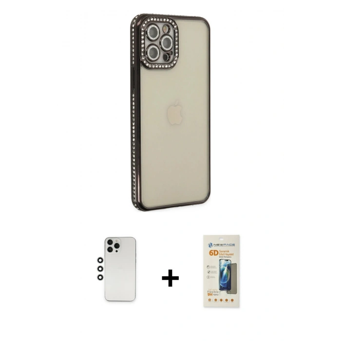 MARSİLYAN™- iPhone 12 Pro Kılıf Yörünge Koleksiyonu - Siyah 6D Mat Seramik Hayalet Nano Ekran Koruyucu + Shine Kamera Lens - GS