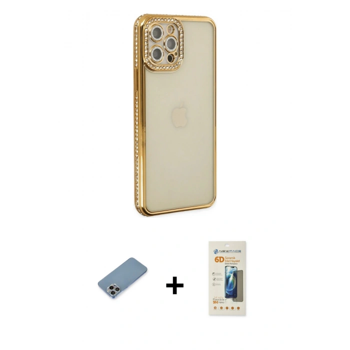 MARSİLYAN™- iPhone 12 Pro Kılıf Yörünge Koleksiyonu - Siyah 6D Mat Seramik Hayalet Nano Ekran Koruyucu + Shine Kamera Lens Koruma Cam - GI