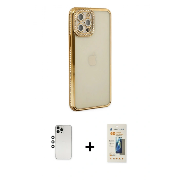 MARSİLYAN™- iPhone 12 Pro Kılıf Yörünge Koleksiyonu - Siyah 6D Mat Seramik Hayalet Nano Ekran Koruyucu + Shine Kamera Lens - GS