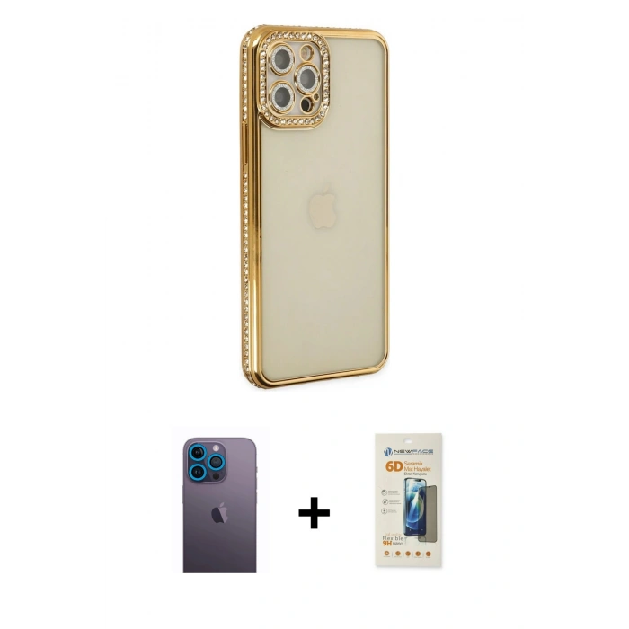 MARSİLYAN™- iPhone 12 Pro Kılıf Yörünge Koleksiyonu - Siyah 6D Mat Seramik Hayalet Nano Ekran Koruyucu + Neon Fosforlu Kamera Lens - MI