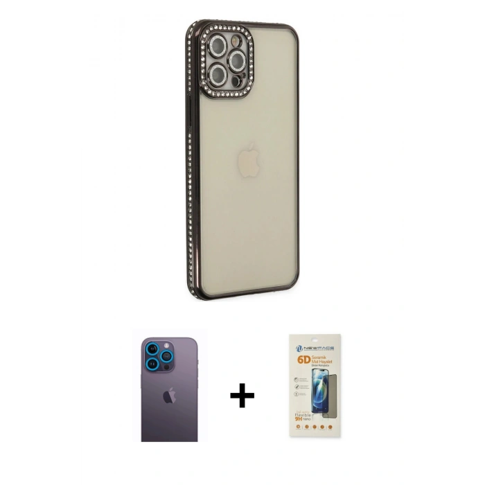MARSİLYAN™- iPhone 12 Pro Kılıf Yörünge Koleksiyonu - Siyah 6D Mat Seramik Hayalet Nano Ekran Koruyucu + Neon Fosforlu Kamera Lens - MI
